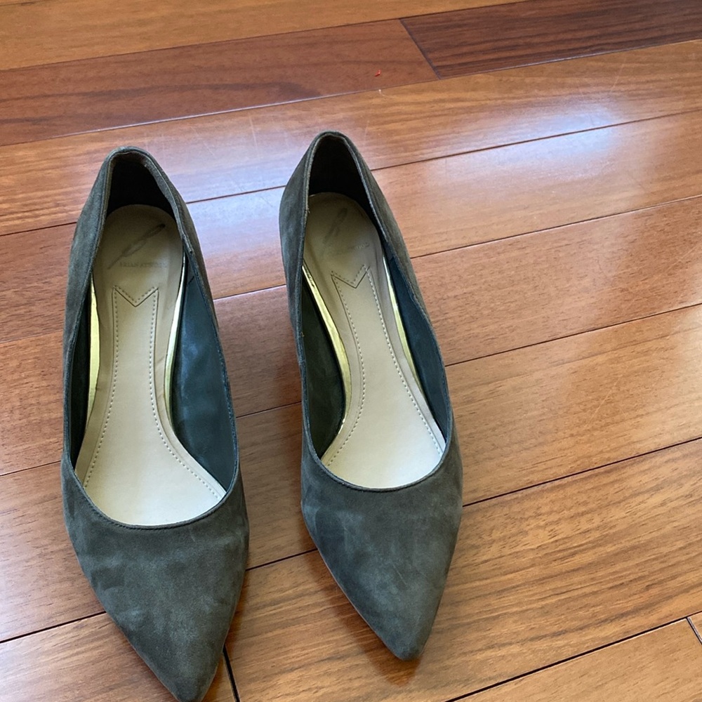 Brian Atwood women’s suede gold window panel heels , olive green shoes